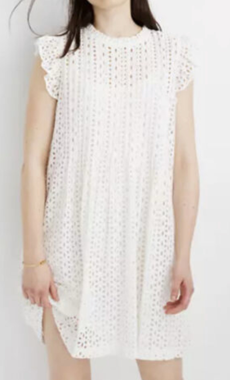 NEW MADEWELL WHITE EYELET RUFFLE SLEEVE PINTUCK MINI DRESS AN137 SIZE MEDIUM
